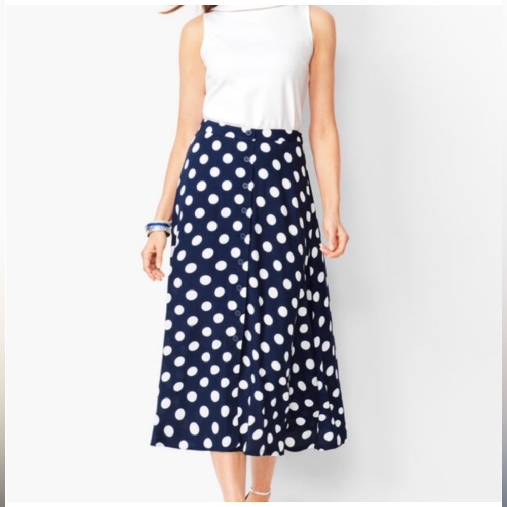 Talbots Navy Polka Dot Midi Skirt fall skirt size 8 nautical button skirt